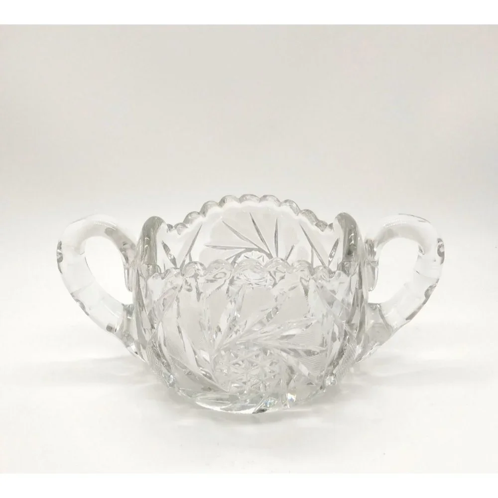 Antique American Brilliant Cut Crystal Hobstar Double Handled Sugar Bowl